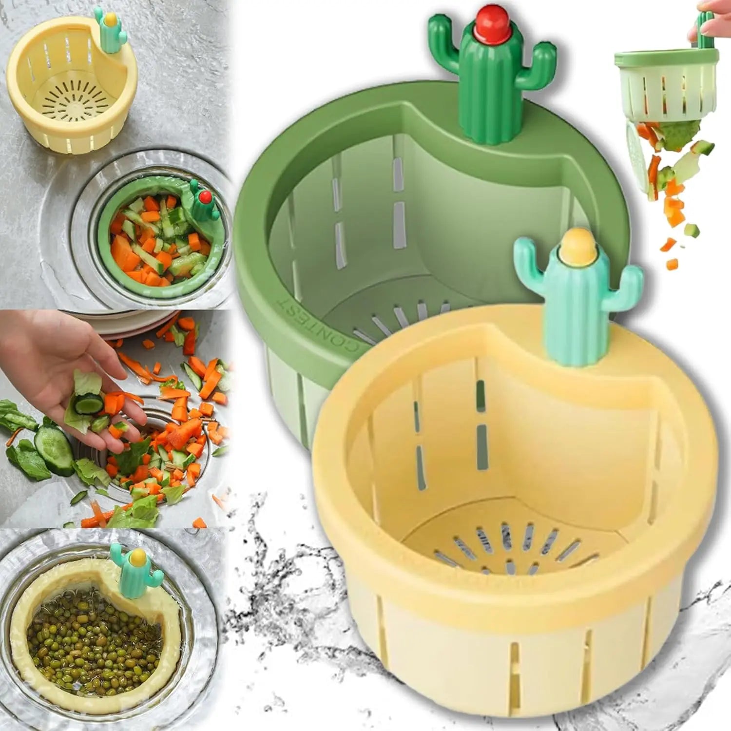 2Pcs Cactus Sink Filter Basket, Versatile Kitchen Sink Strainer Cute Sink Filter Basket Kitchen Gadgets Press Automatic Dumping Basket for Home Use (Green & Yellow),Campingessentials,Campinggear